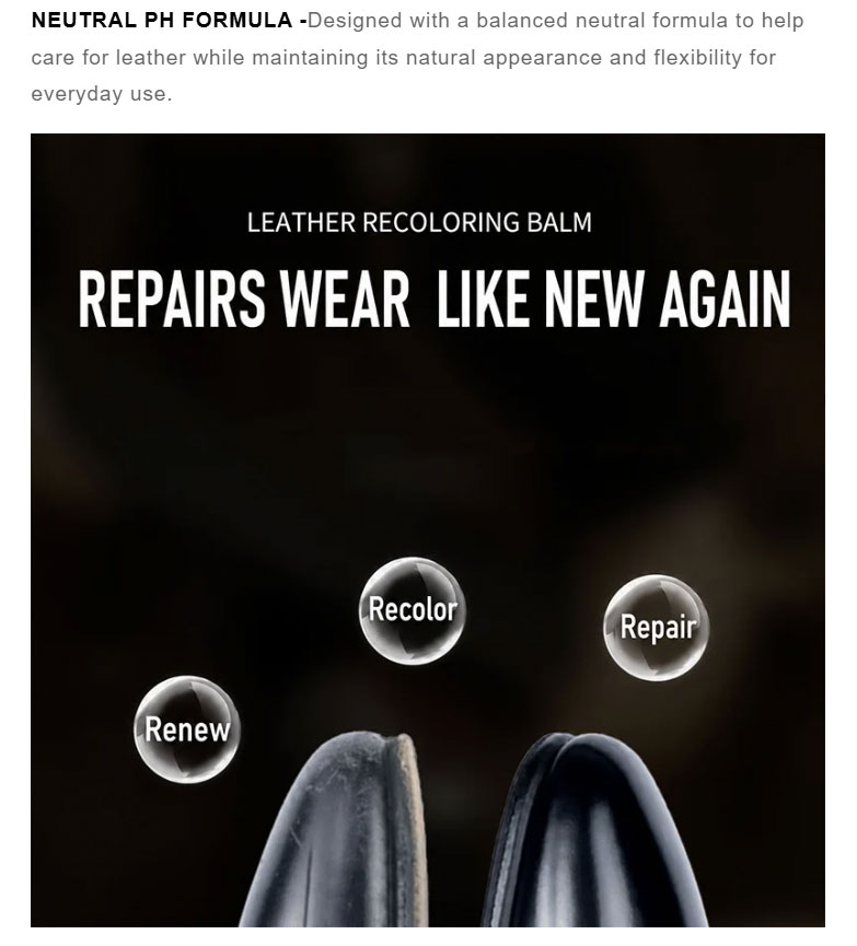 Neutral pH leather recoloring balm and leather renewal demonstration
