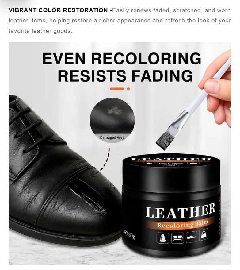 Leather recoloring balm refreshing a worn black leather shoe