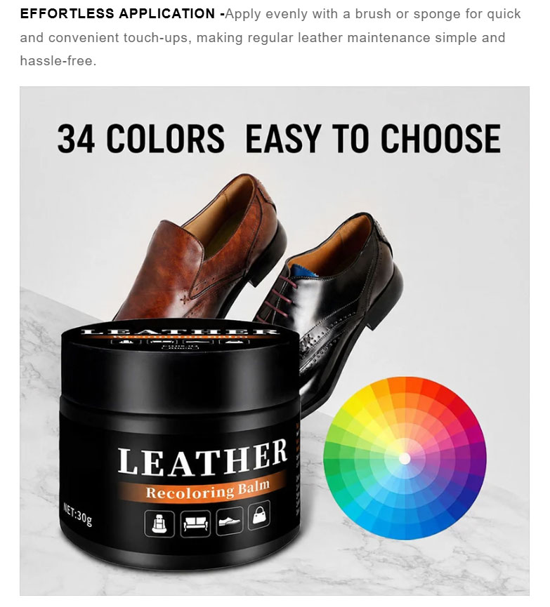 Leather recoloring balm color selection featuring 34 shades