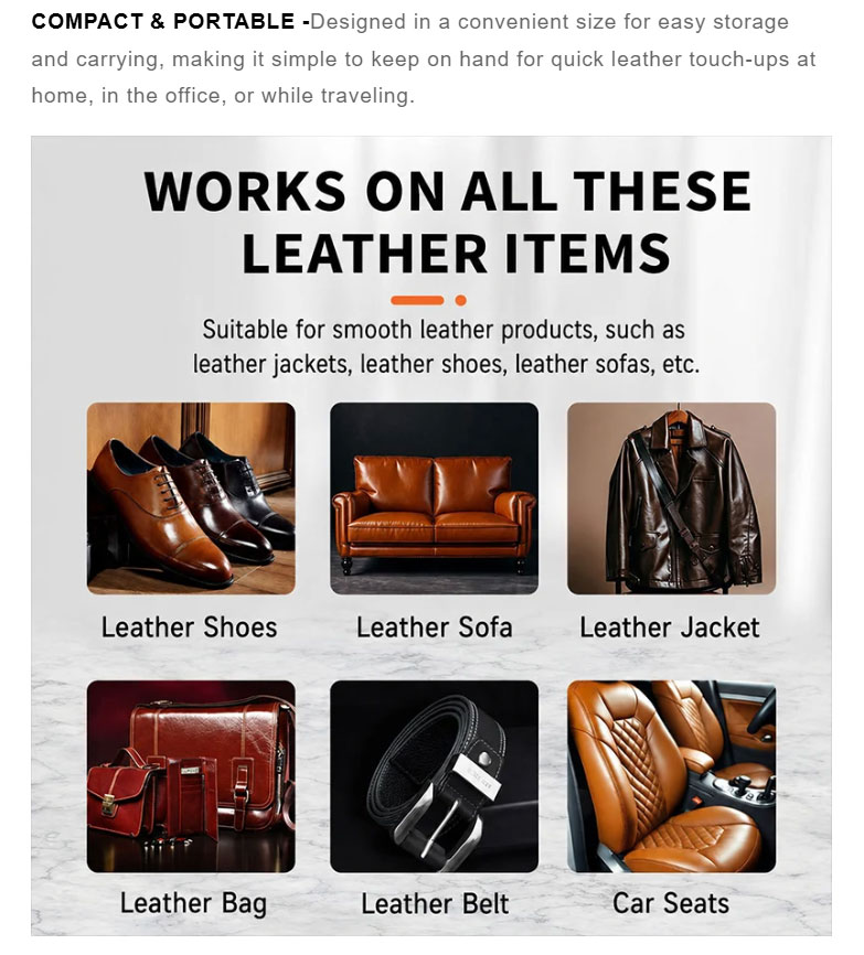 Leather recoloring balm uses including shoes sofas jackets bags belts and car seats