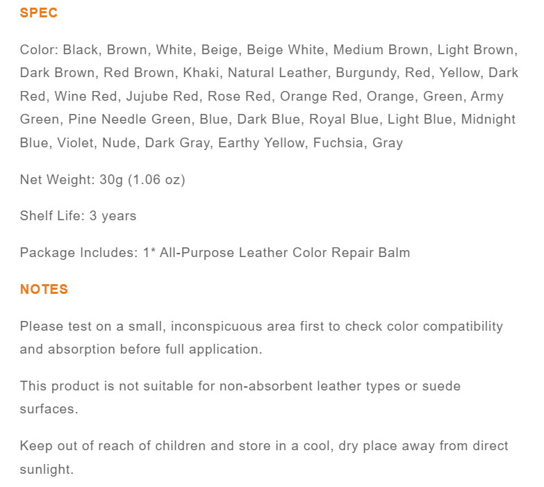 Leather recoloring balm specifications color options and application precautions