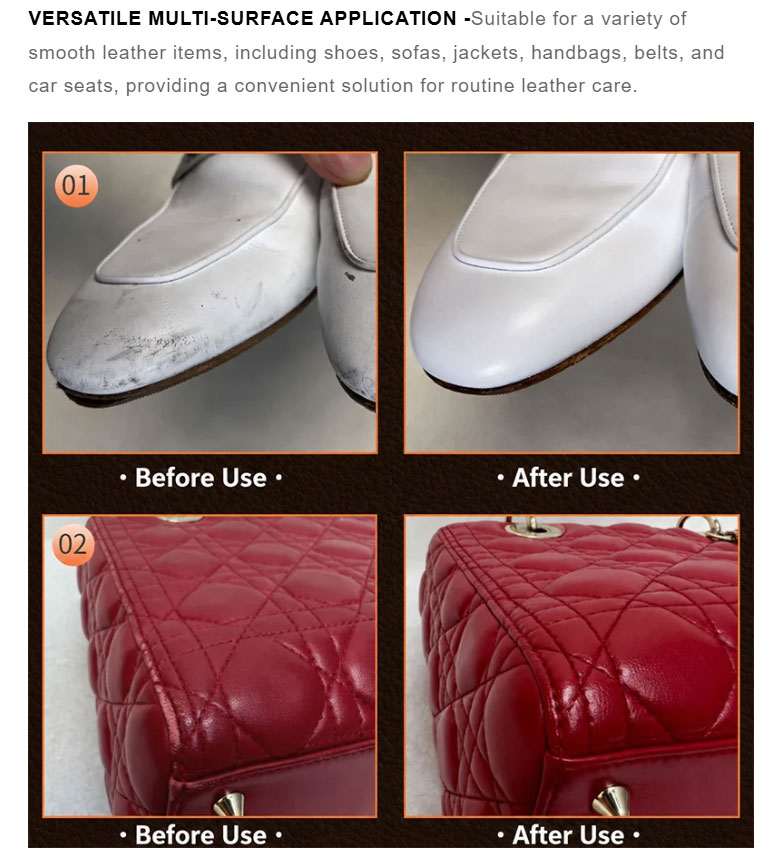 Before and after examples of leather recoloring balm on shoes and handbags